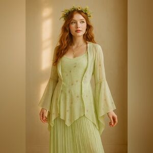 Vintage Design Today's 3PC Set Fairy Y2K Green Sheer Floral Flowy Asymmmetrical‎